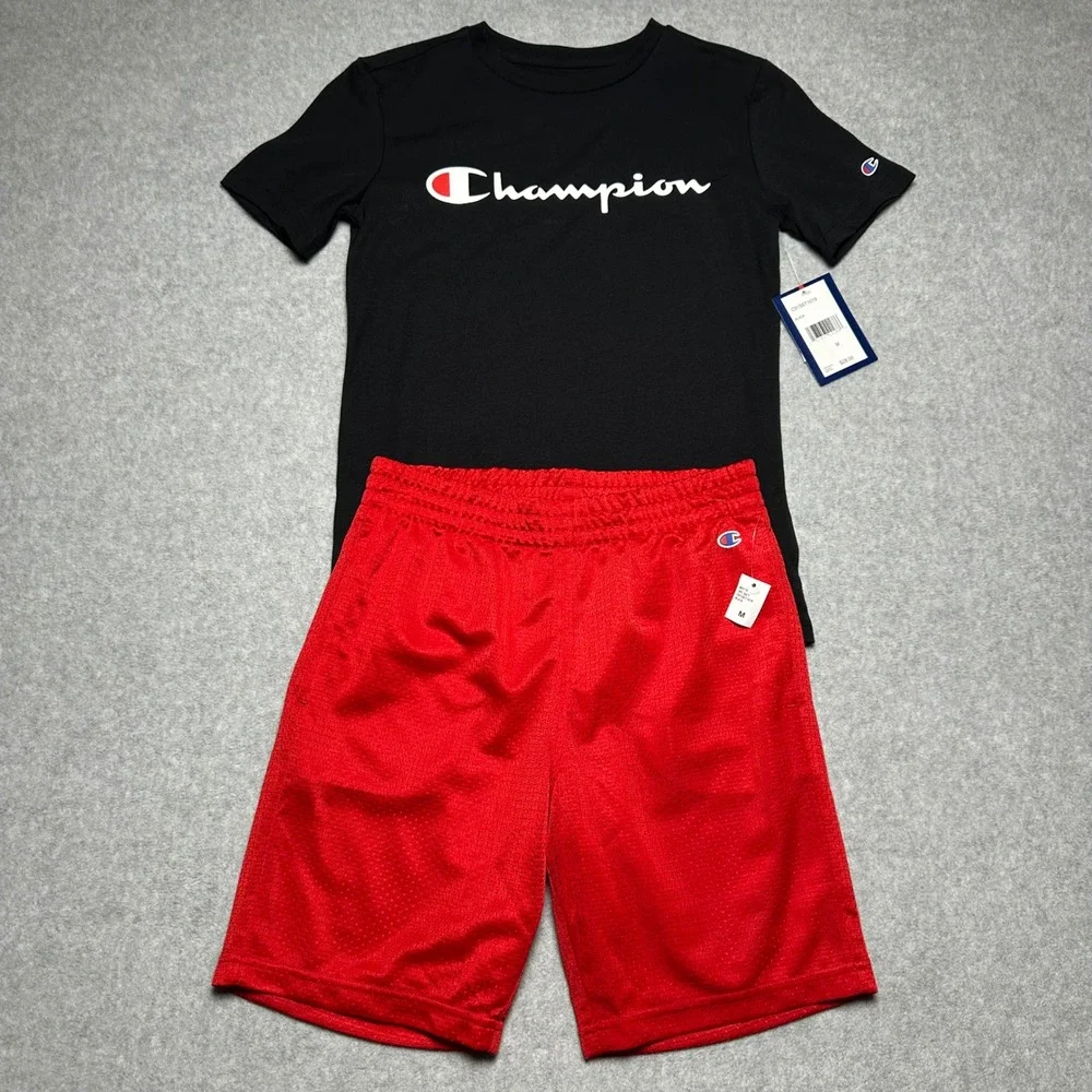 Champion Boys 2PC Set Black Red Script Logo Tee Mesh Shorts Size M 10 C915ST1019